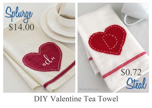Saying “I love you!” doesn’t have to cost a bundle this Valentine’s Day. Impress your guests with these adorable Valentine Tea Towels {Pottery Barn inspired} for only $0.79! Read the easy tutorial with free printable pattern at BrenDid.com. The easy craft uses premade flour sack tea towels and iron-on adhesive appliqué. The best part, at under $1 each you can afford to spread the Valentine love around the whole neighborhood! - See more at: https://brendid.com/pb-inspired-valentine-tea-towels/