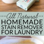 This All-Natural Homemade Stain Remover for Laundry is a simple DIY that makes an effective stain fighter that you can feel good about using. It rates and A on the EWG healthy cleaners scale and only cost pennies to make!