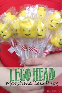 Hosting a Lego themed birthday party? Try this Lego Head Marshmallow Pops Recipe; they are an easy and adorable way to add Lego head decorations to your table and treat bags.