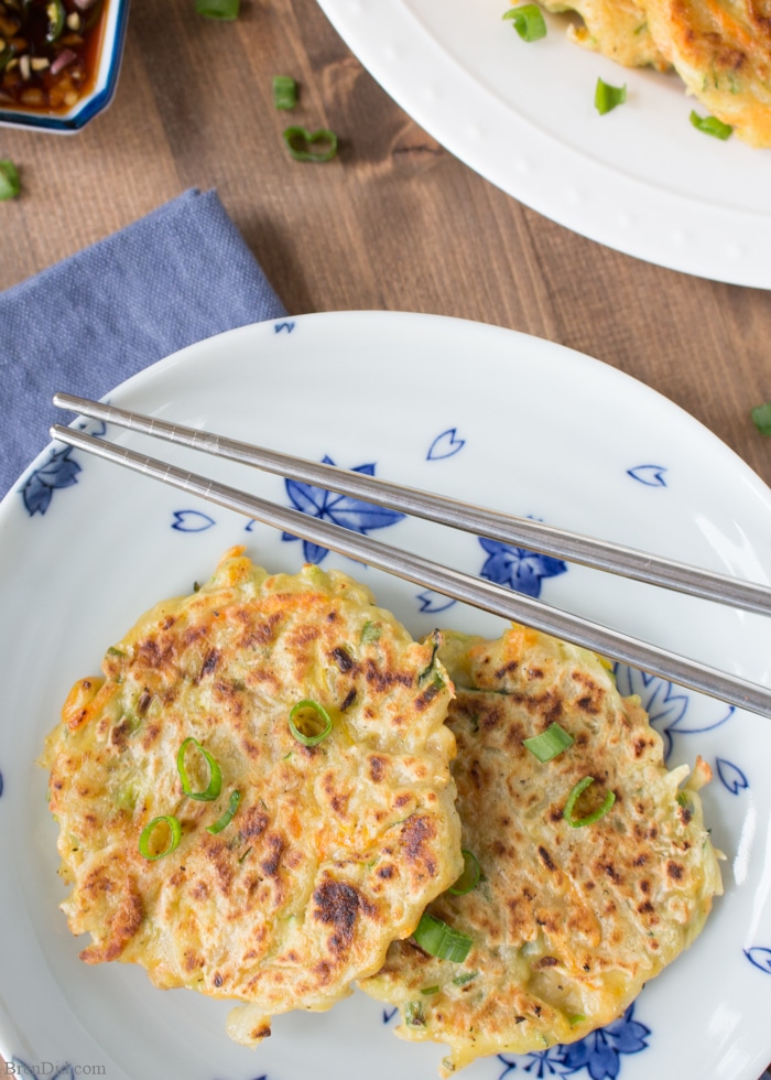 Korean Jeon traditional Vegetable Pancake with Spicy Dipping Sauce. Perfect for using up summer squash and zucchini. Great for kids. Easy recipe.