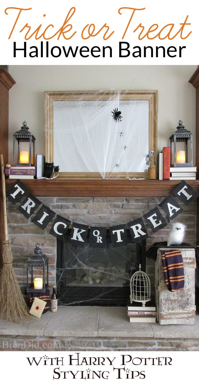 Trick or Treat Halloween Banner , inspired by Pottery Barn – This easy burlap banner with free printable pattern is an easy Halloween DIY that will compliment your Halloween decorations. Get the full tutorial at BrenDid.com. #Halloween #decor #DIY #Knockoff #banner #garland #HarryPotter