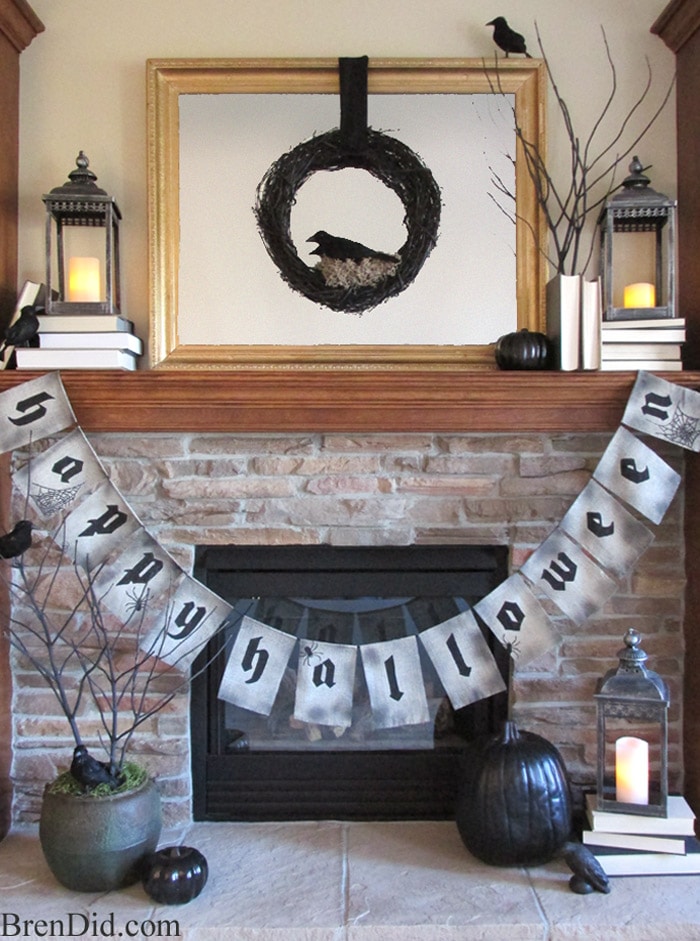Happy Halloween Burlap Banner in black and white inspired by Pottery Barn – This easy burlap banner with free printable pattern is an easy Halloween DIY that will compliment your Halloween decorations. Get the full tutorial at BrenDid.com. #Halloween #decor #DIY #Knockoff #banner #garland