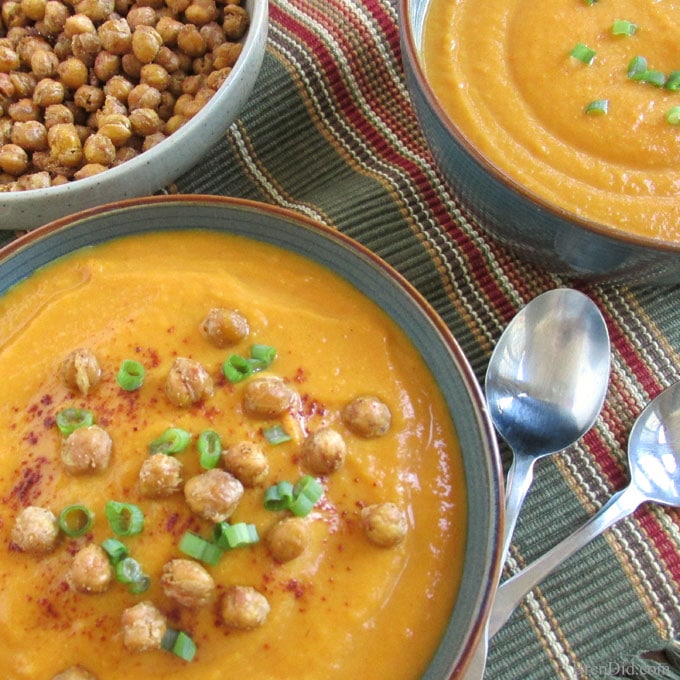 Roasted Carrot Sweet Potato Ginger Soup - Choosing Chia