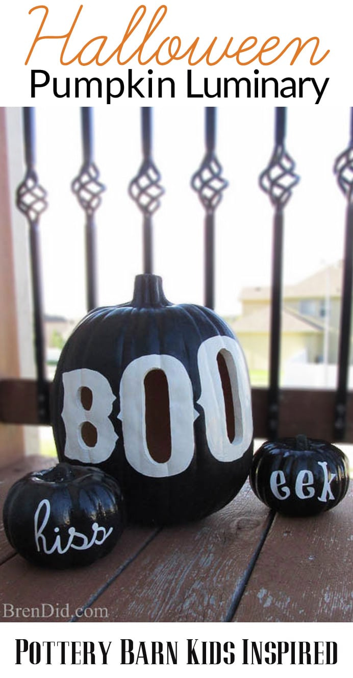 Halloween Pumpkin Luminary in black and white inspired by Pottery Barn – This piumpkin tutorial with free printable pattern is an easy Halloween DIY that will compliment your Halloween decorations. Get the full tutorial at BrenDid.com. #Halloween #decor #DIY #Knockoff 