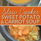 Creamy Sweet Potato and Carrot Soup Recipe – Easy crock pot recipe for creamy soup without any cream! Healthy comfort food topped with crispy garbanzo beans. Velvety smooth loaded with sweet potatoes, carrots, apples.