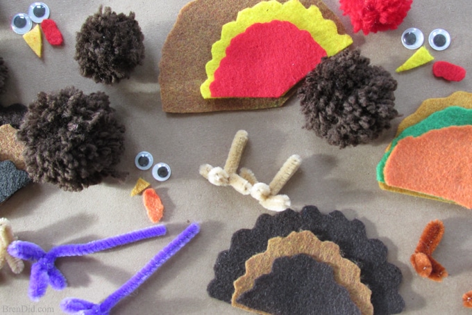 Thanksgiving kid crafts - making yarn pom pom turkeys and Free Birds on Netflix