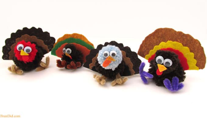 Thanksgiving kid crafts - making yarn pom pom turkeys and Free Birds on Netflix