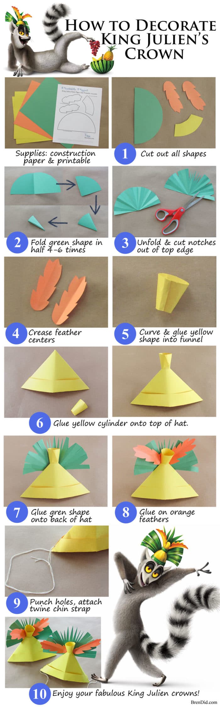 Step by step photos of a paper hat being decorated to resemble a tropical crown or headdress.