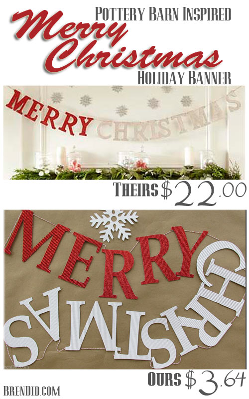 Must try! Easy and Affordable Christmas Decorations: PB Inspired Merry Christmas Banner – Make a Pottery Barn Inspired “Merry Christmas” Banner from glitter cardstock, bakers twine and tape for $3.64. That’s 84% off of the retail price of $22. Free printable pattern, Silhouette cut file and easy directions at BrenDid.com