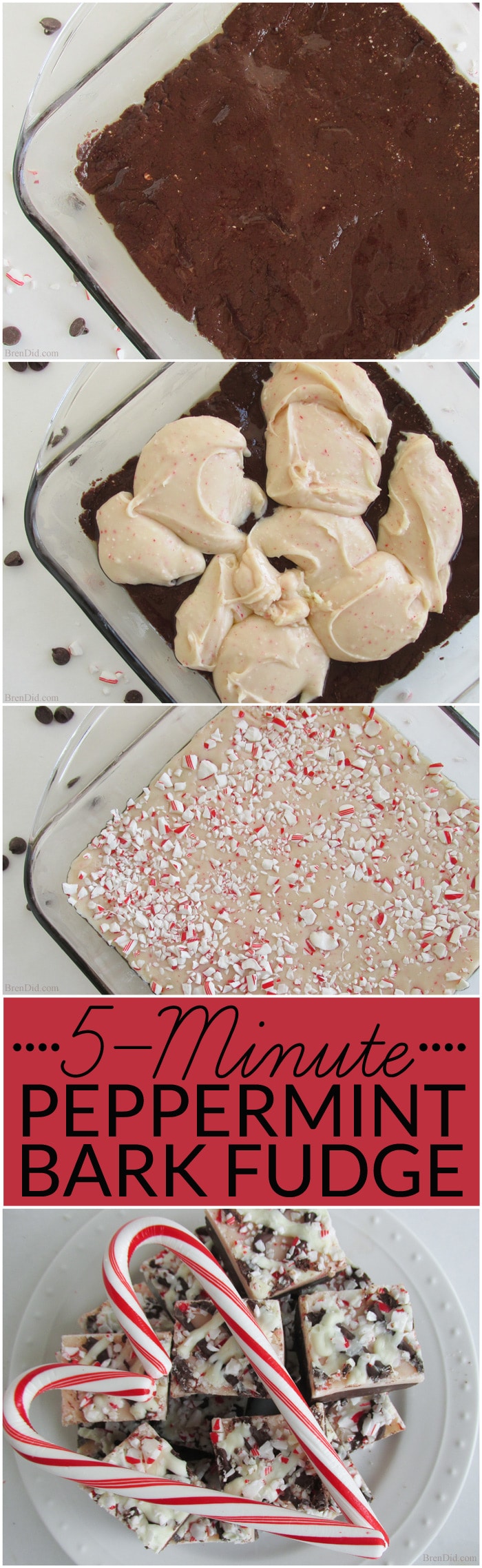 Love fudge? You must try this 5-Minute Peppermint Bark Easy Chocolate Fudge! It combines layers of smooth chocolate fudge and cool creamy peppermint to create the perfect holiday treat. Perfect for gifts and cookie exchanges. BrenDid.com