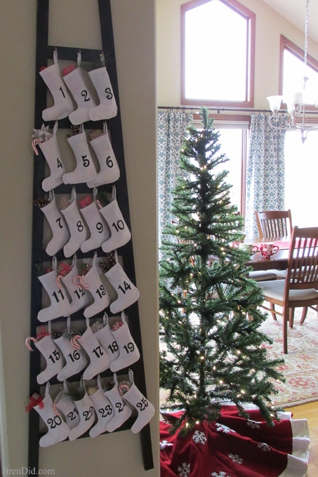 Pinning to make for Christmas! Easy and Affordable Christmas Decorations: PB inspired Wooden Advent Calendar with Stockings – Make a Pottery Barn Inspired Wooden Advent Calendar Ladder with Canvas Stockings f for $34. That’s 83% off of the retail price of $199. Free printable pattern, Silhouette cut file and easy directions at BrenDid.com.