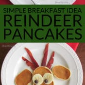 Simple Breakfast Recipe: Reindeer Pancakes for Christmas Breakfast- This Christmas breakfast idea is easy to make and looks adorable! Santa’s elves line up for a delicious breakfast of fluffy pancakes before a tough day at the toy factory. Healthy breakfast idea.