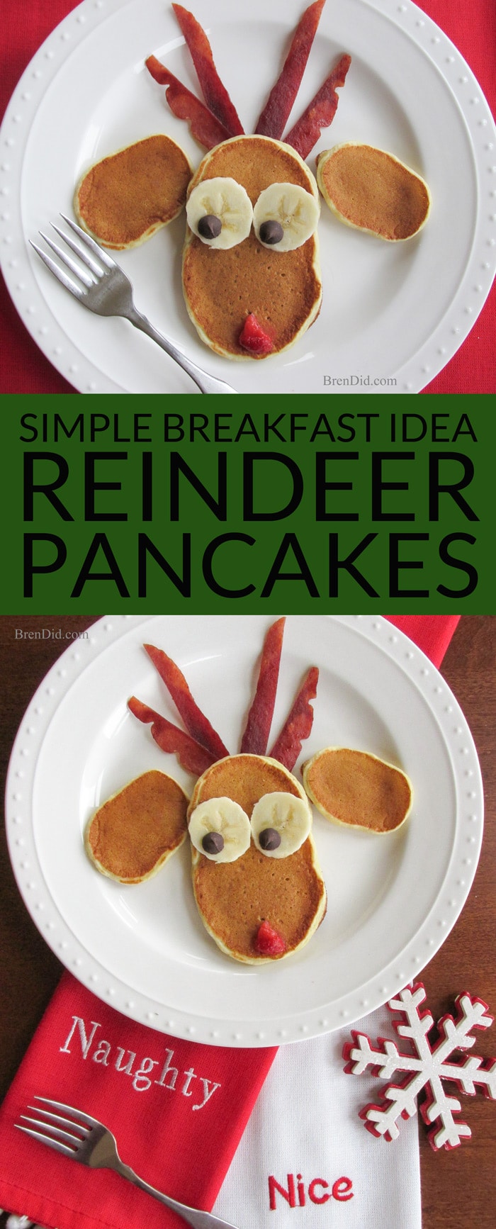 Simple Breakfast Recipe: Reindeer Pancakes for Christmas Breakfast- This Christmas breakfast idea is easy to make and looks adorable! Santa’s elves line up for a delicious breakfast of fluffy pancakes before a tough day at the toy factory. Healthy breakfast idea.