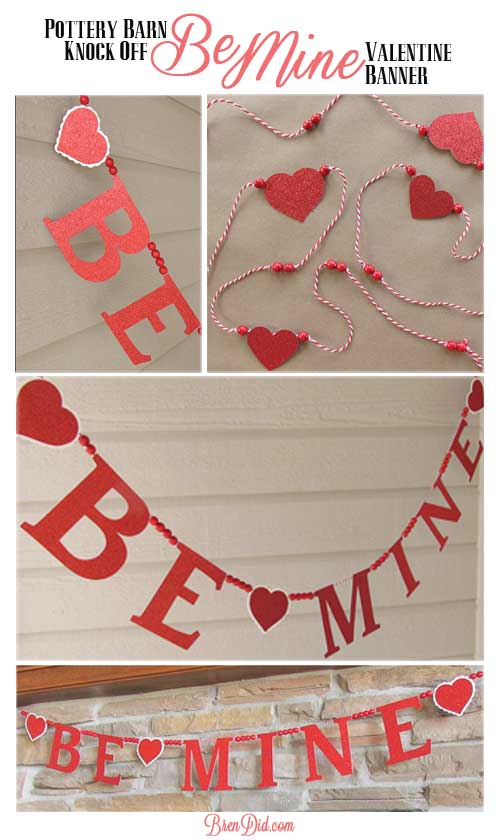 Get ready for Valentine's Day parties and events with this glitter garland inspired by Pottery Barn Kids. This easy Knock Off DIY craft uses glitter cardstock, some twine, and wooden beads to make a charming Valentine's Day banner for under $3.