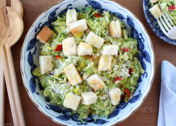 This Brussels sprouts recipe sounds delicious! Tasty shredded Brussels Sprouts salad recipe inspired by RPM Italian in Chicago pares fresh Brussels sprouts with Italian peppers and parmesan cheese in a creamy avocado dressing. It’s a delicious way to enjoy Brussels sprouts. Restaurant starter salad taste at home! Creamy Shredded Brussels Sprouts Side Salad