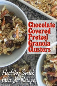 Chocolate Covered Pretzel Granola Clusters: this granola recipe has enough sweetness to please kids, but is packed full of healthy ingredients such as whole oats, wheat germ, flax seed and coconut oil. It’s an easy recipe that makes a great snack for kids and adults. One serving contains 268 calories, 4.3 g fiber and 6.2 g protein. BrenDid.com