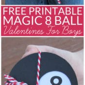 Boys Valentines Idea - Magic 8 Ball Valentines Cards. These DIY Valentines are easy to make with free printable pattern. Frugal craft uses only black and white card stock, a printer, and black brads. Add cute Magic Eight Ball Pen for fun, non-candy Valentines. A great free Valentine for Boys.