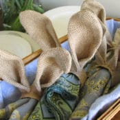 Theses adorable PB Inspired Easter Bunny Napkin Rings add character to any table this spring. They are made of burlap, cardboard and only cost $0.40 each to make. I hope you trying making this easy Easter DIY project and add some whimsy to your Easter décor.