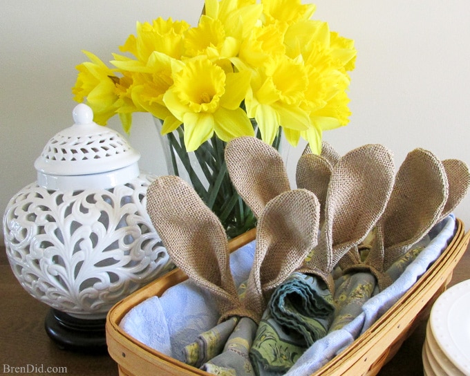 Theses adorable PB Inspired Easter Bunny Napkin Rings add character to any table this spring. They are made of burlap, cardboard and only cost $0.40 each to make. I hope you trying making this easy Easter DIY project and add some whimsy to your Easter décor.