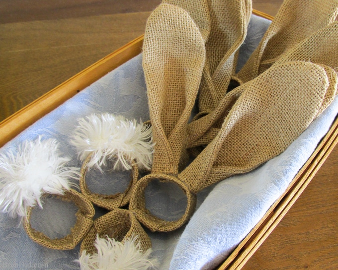 Theses adorable PB Inspired Easter Bunny Napkin Rings add character to any table this spring. They are made of burlap, cardboard and only cost $0.40 each to make. I hope you trying making this easy Easter DIY project and add some whimsy to your Easter décor.