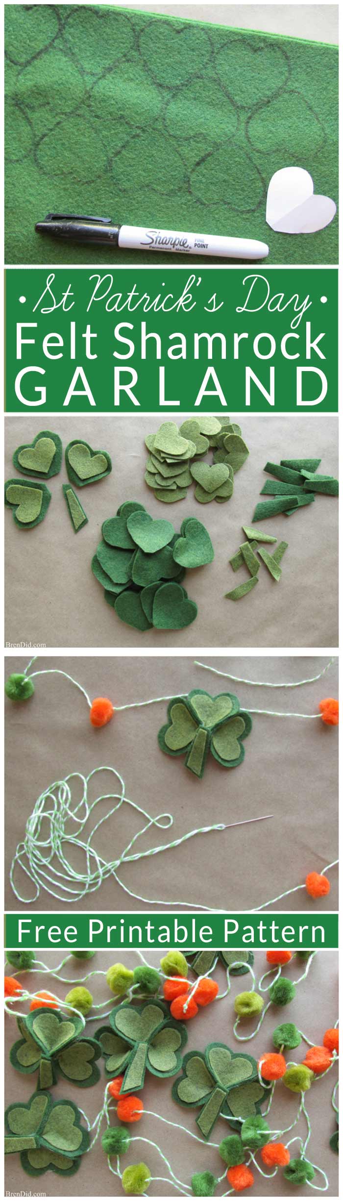 Make a fun and easy St. Patrick’s Day Shamrock garland using felt, bakers twine and premade pom poms. Free printable pattern! 