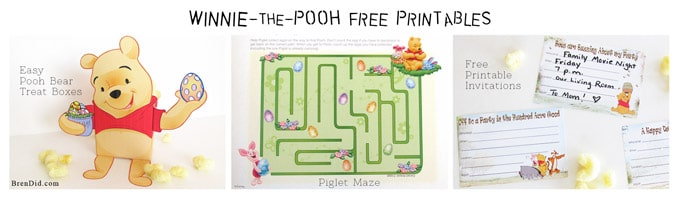 Host a family movie night with Winnie the Pooh and the rest of the gang from the Hundred Acre Woods. Easy party featured Healthy Honey Bee No Bake Cookies, free printable Winnie the Pooh treat boxes, free printable Hundred Acre Wood’s Easter mazes and free printable Winnie the Pooh invitations. Get all the details at BrenDid.com