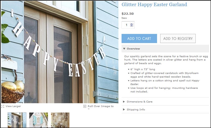 Pottery Barn Kids inspired glitter Happy Easter banner made from cardstock, twine, beads, and glitter styrofoam eggs. Takes only a few minutes to assemble and cost $4.00! Add a special touch to your Easter décor.