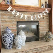 Pottery Barn Kids inspired glitter Happy Easter banner made from cardstock, twine, beads, and glitter styrofoam eggs. Takes only a few minutes to assemble and cost $4.00! Add a special touch to your Easter décor.