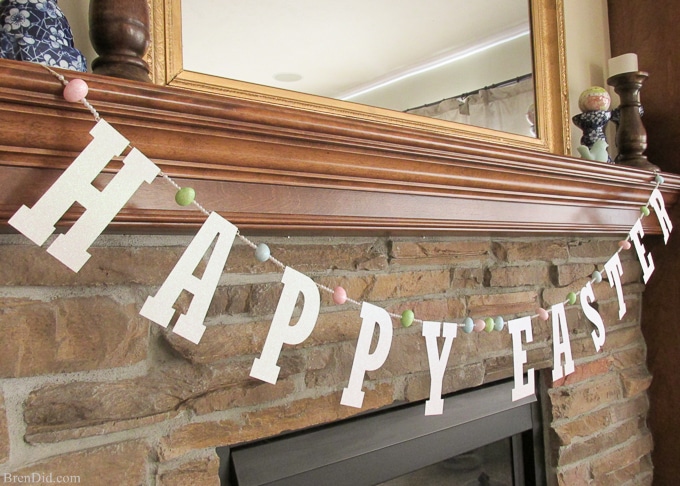 Pottery Barn Kids inspired glitter Happy Easter banner made from cardstock, twine, beads, and glitter styrofoam eggs. Takes only a few minutes to assemble and cost $4.00! Add a special touch to your Easter décor. 