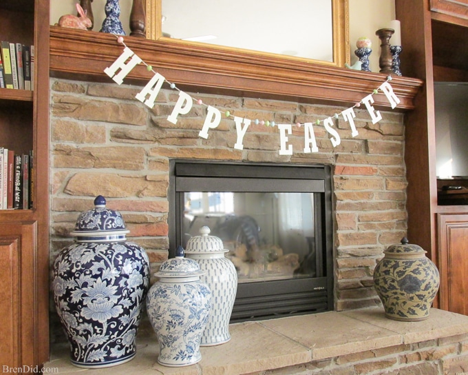 Pottery Barn Kids inspired glitter Happy Easter banner made from cardstock, twine, beads, and glitter styrofoam eggs. Takes only a few minutes to assemble and cost $4.00! Add a special touch to your Easter décor.