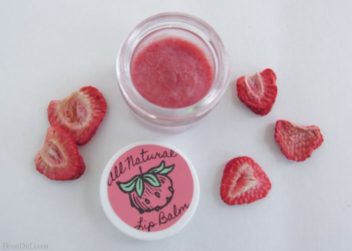 DIY Sweet Strawberry Lip Balm recipe uses simple, all-natural ingredients including real strawberries to make a lightly tinted and flavored lip gloss. Free printable label. Must try! 