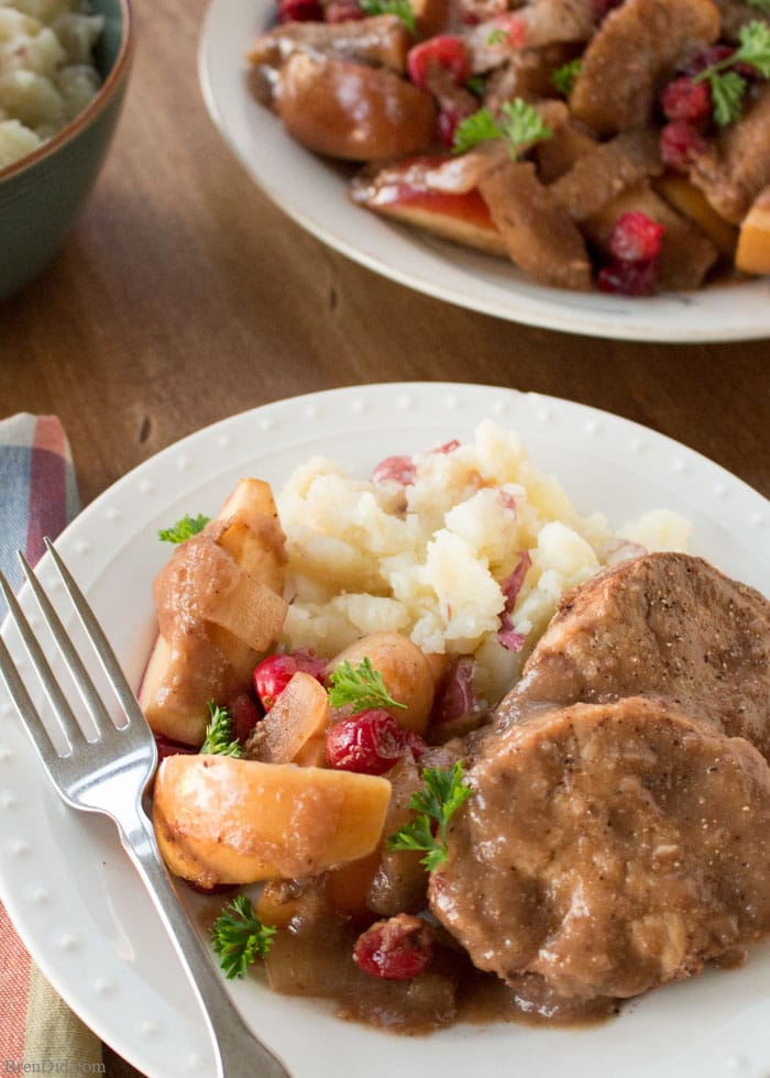 Easy slow cooker recipe. Boneless pork chops or pork ribs simmer with cranberries, onion and apples to create a delicious dish flavored with balsamic vinegar. Healthy crock pot recipe. 