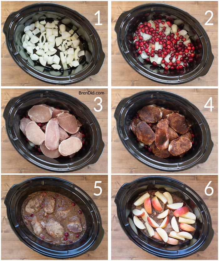 Easy slow cooker recipe. Boneless pork chops or pork ribs simmer with cranberries, onion and apples to create a delicious dish flavored with balsamic vinegar. Healthy crock pot recipe. 