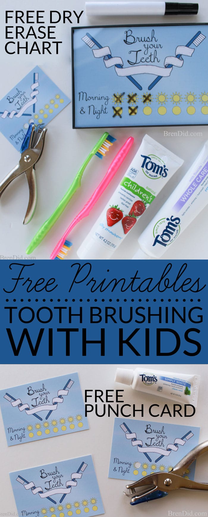 Get your kids to be tooth care experts with this free printable tooth brushing chart and tooth brushing punch card. Use a frame to make the chart a dry erase board!