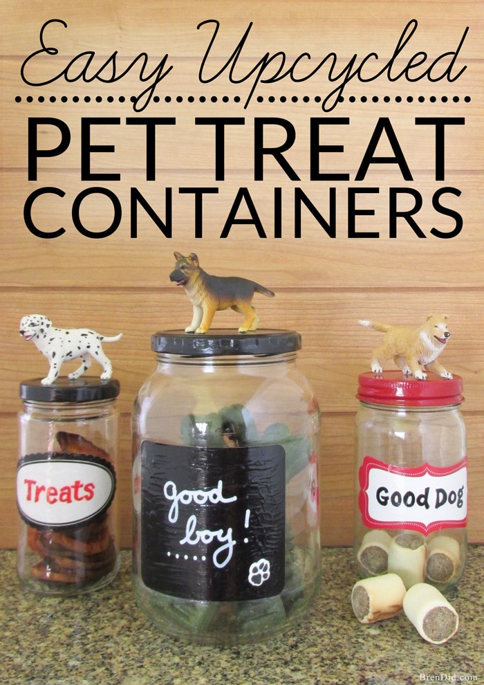 Easy Upcycled Pet Treat Container - Making craft projects from recycled materials is a great way to save on craft costs while reducing waste. These adorable upcycled pet treat jars reuse glass jars from your kitchen. 