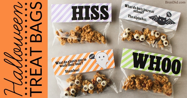 Free printable Halloween goodie bag toppers can be used for parties, treat bags, or fun school lunches. They feature cute little Halloween creatures and fun Halloween jokes.