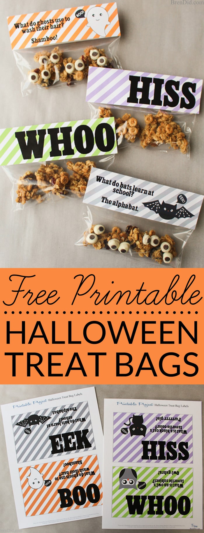 Free printable Halloween goodie bag toppers can be used for parties, treat bags, or fun school lunches. They feature cute little Halloween creatures and fun Halloween jokes.