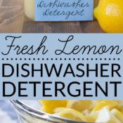 Fresh Lemon Homemade Dishwasher Detergent uses real lemons, salt and vinegar to make liquid dishwasher detergent. Learn more about this DIY recipe and its effectiveness.