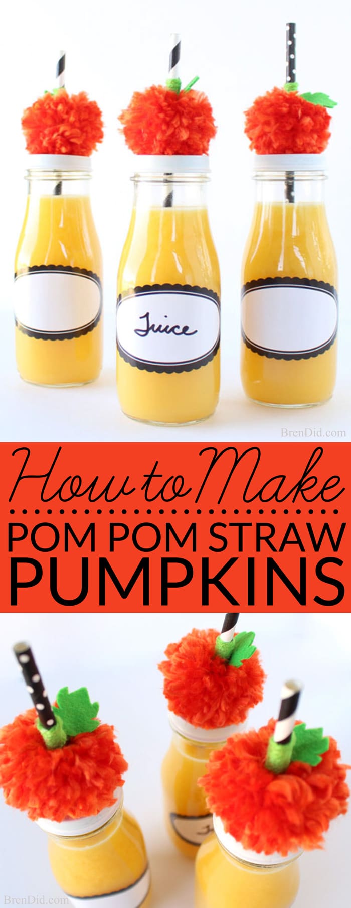 Pumpkin Pom Pom Straws – Make this simple Halloween Pumpkin Craft with no special equipment! All you need is a fork, yarn and craft felt to make this adorable decoration for your Halloween party.