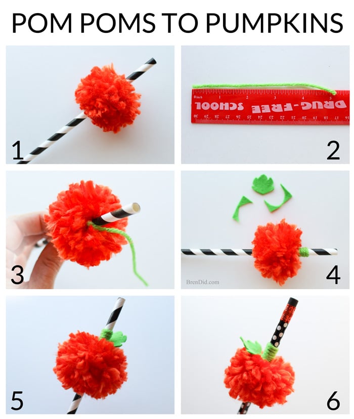 Pumpkin Pom Pom Straws – Make this simple Halloween Pumpkin Craft with no special equipment! All you need is a fork, yarn and craft felt to make this adorable decoration for your Halloween party. 