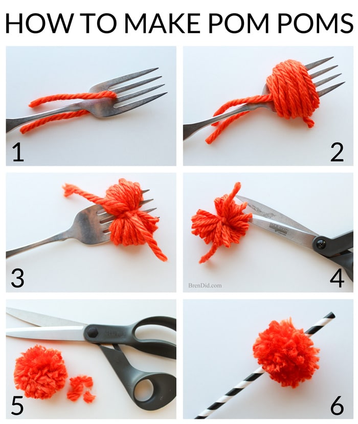 Pumpkin Pom Pom Straws – Make this simple Halloween Pumpkin Craft with no special equipment! All you need is a fork, yarn and craft felt to make this adorable decoration for your Halloween party. 