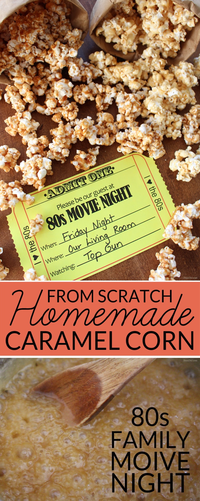 Love this idea! Throw a 1980s Movie Night for your family with free printable movie ticket invitations, an easy homemade caramel corn recipe, and a great list of the best family films from the 1980s.