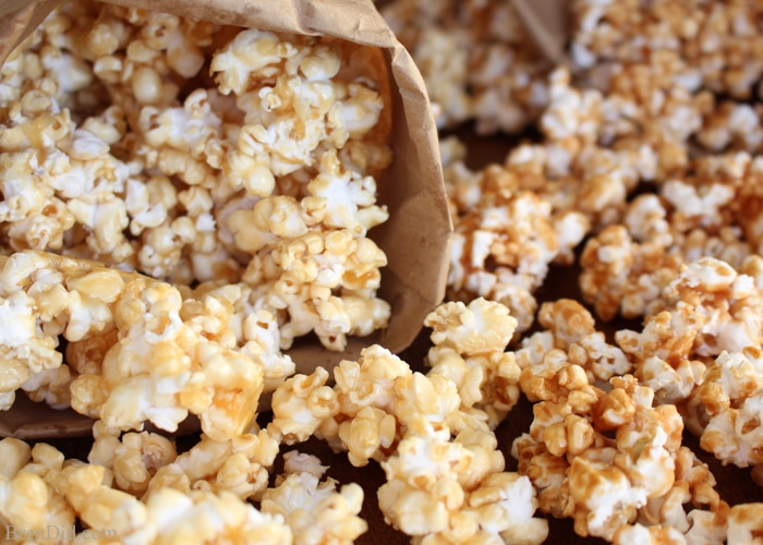 Homemade caramel corn is a delicious sweet treat. This easy version uses only sugar, butter, vanilla, cream, and salt to make a creamy caramel sauce. Vegan caramel recipe also included. 