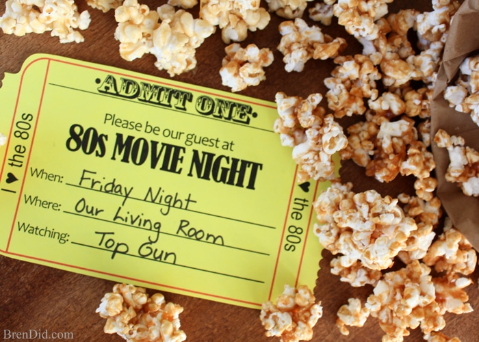 Love this idea! Throw a 1980s Movie Night for your family with free printable movie ticket invitations, an easy homemade caramel corn recipe, and a great list of the best family films from the 1980s. 