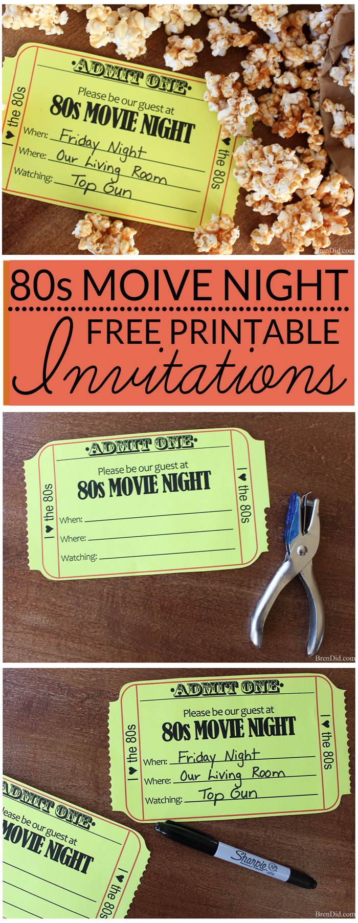 Love this idea! Throw a 1980s Movie Night for your family with free printable movie ticket invitations, an easy homemade caramel corn recipe, and a great list of the best family films from the 1980s.