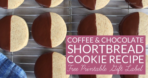 This Coffee and Chocolate Shortbread Recipe is perfect for cookie exchanges and holiday gifts. Simple chocolate dipped mocha shortbread cookies are beautiful and tasty. Includes free printable gift tags for coffee lovers.