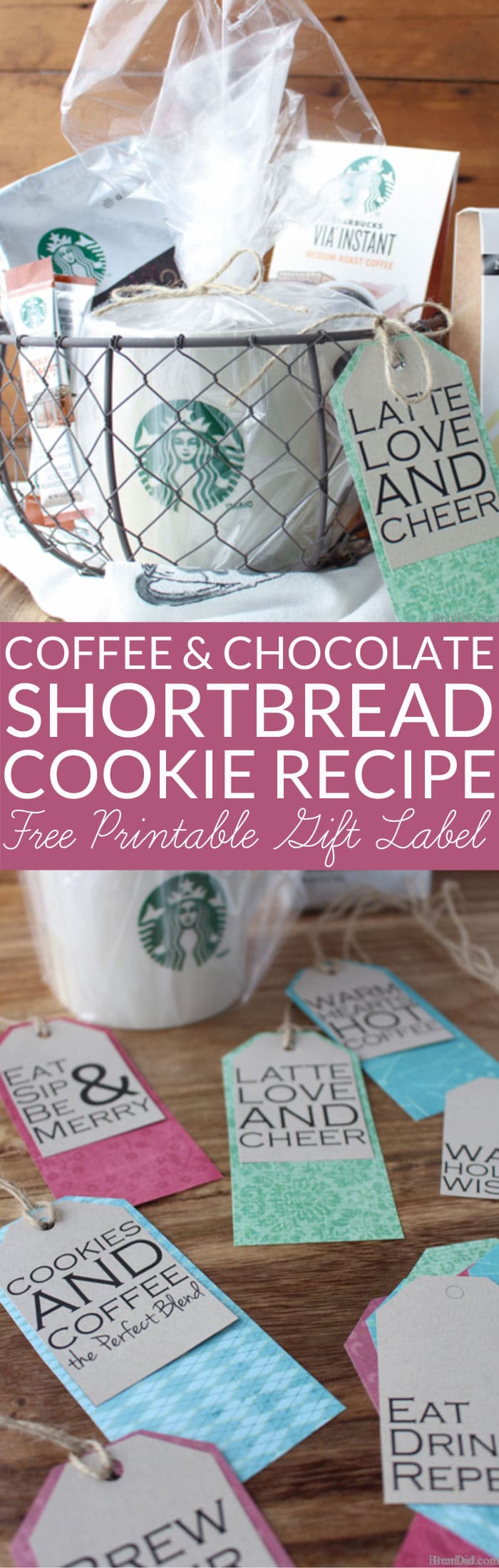 This Coffee and Chocolate Shortbread Recipe is perfect for cookie exchanges and holiday gifts. Simple chocolate dipped mocha shortbread cookies are beautiful and tasty. Includes free printable gift tags for coffee lovers. 