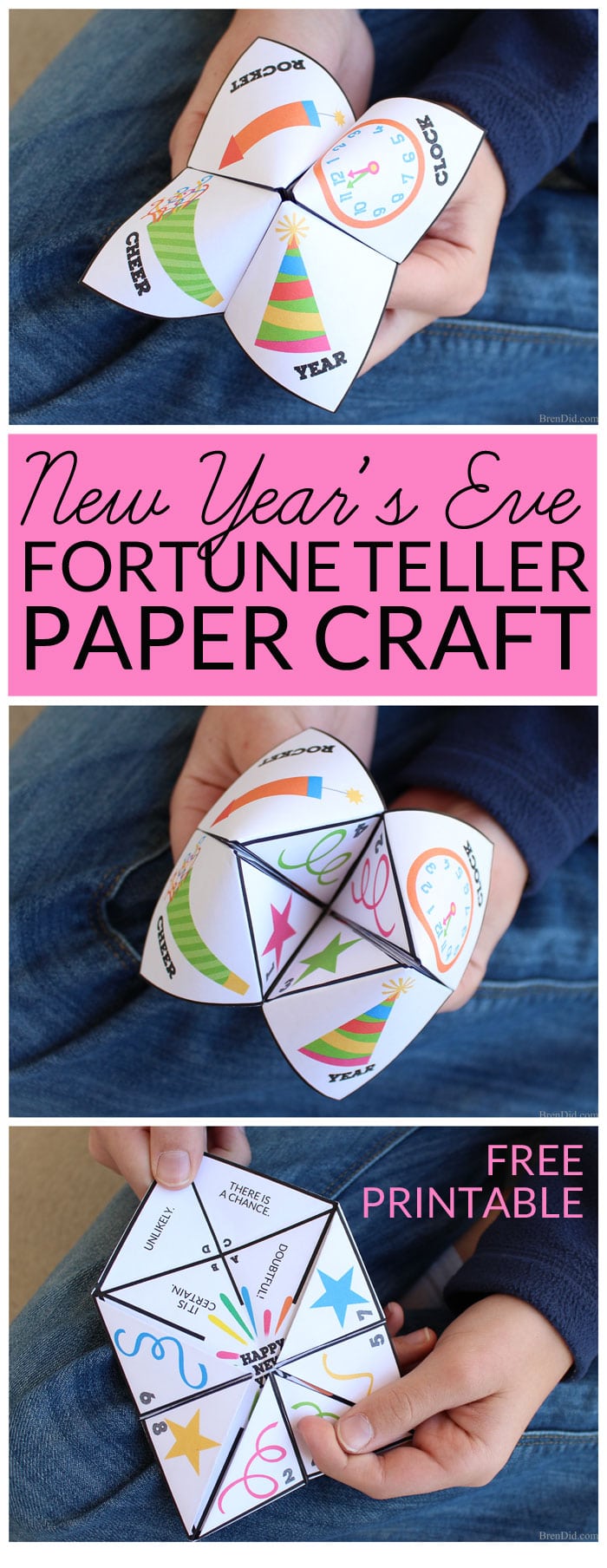 Make New Year’s Eve a fun family celebration! This free printable New Year’s Eve party game is great for both kids and adults. The paper fortune teller will “magically” predict the answers your most burning questions for the next year as you select pictures and numbers.