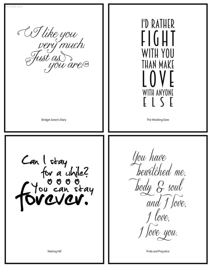 Romantic Movie Quotes Valentine Printables - Create easy and fun Valentine décor with these custom printed canvases featuring romantic movie quotes from Pride and Prejudice, Notting Hill, Bridget Jones Diary, and The Wedding Date. All you need is an inkjet printer for this easy craft. Free printables. Romantic movies. Valentines Day.