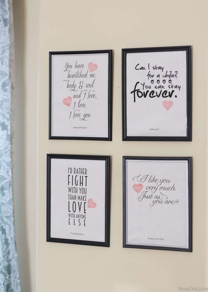 Romantic Movie Quotes Valentine Printables - Create easy and fun Valentine décor with these custom printed canvases featuring romantic movie quotes from Pride and Prejudice, Notting Hill, Bridget Jones Diary, and The Wedding Date. All you need is an inkjet printer for this easy craft. Free printables. Romantic movies. Valentines Day.